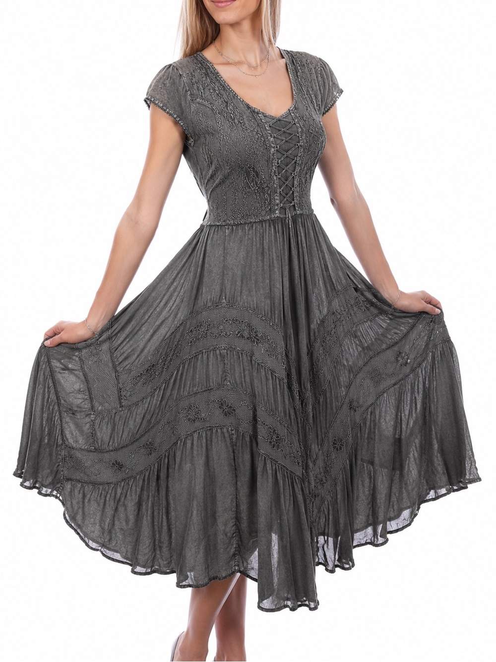 Vintage Gray Western Whimsigoth Lace-Up Bodice Lace Dress Ren-Fair Medium Large